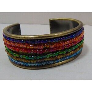Multi-Color Rainbow 6 Strand Beaded over Silver Cuff Bracelet  Boho, Pride
